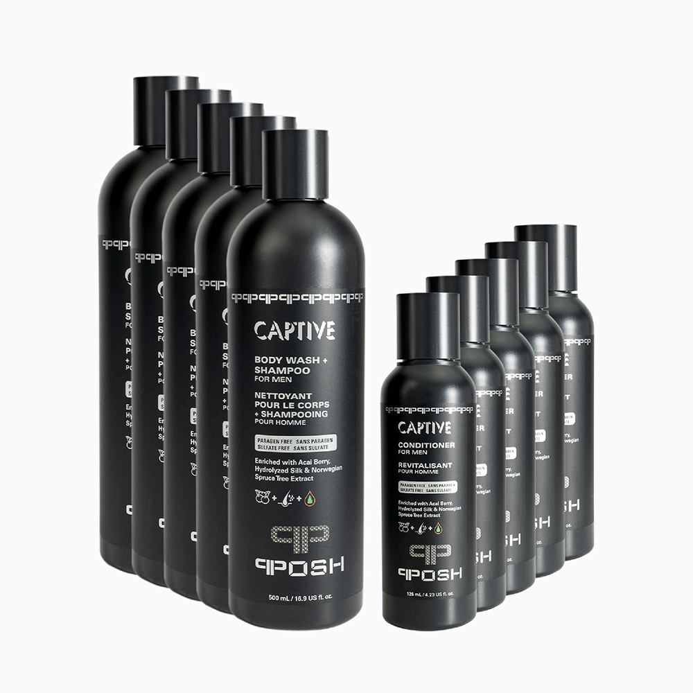 סבון גוף + שמפו ומרכך CAPTIVE לגברים - מארז משפחתי (10 בקבוקים)
